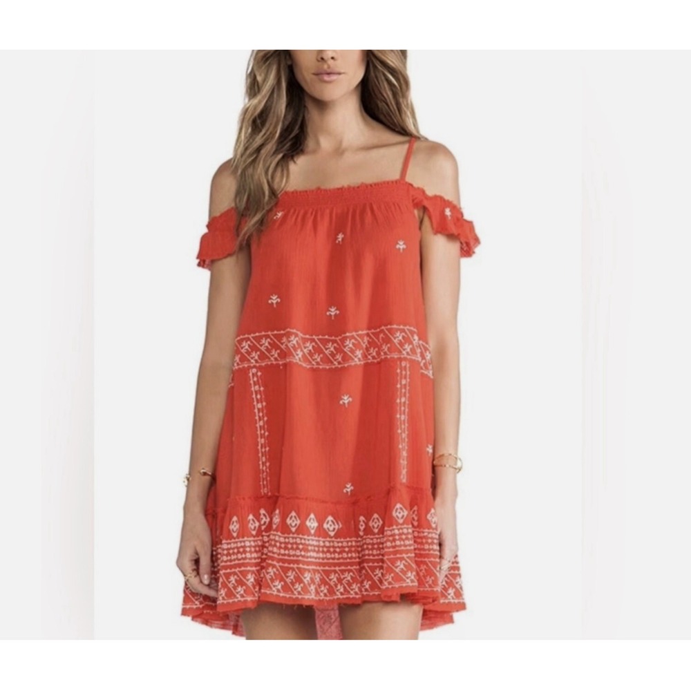 Free People Intimately Embroidered Off Shoulder Smocked Dress Sz S Red Boho